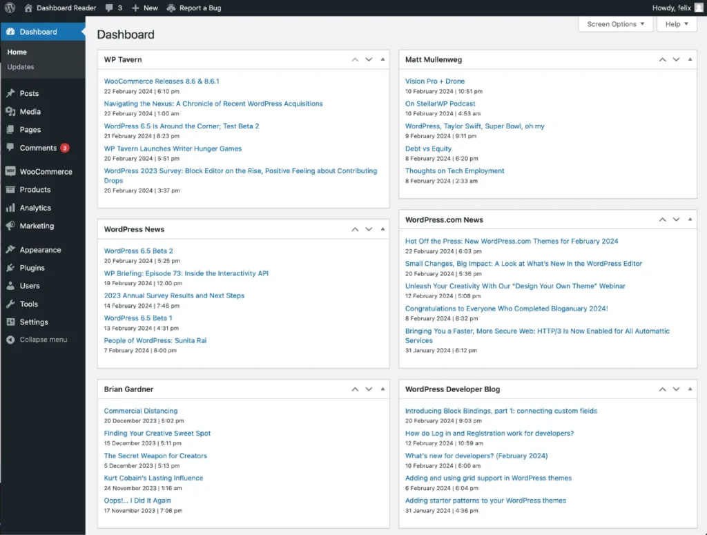 The WordPress dashboard with multiple RSS Feeds